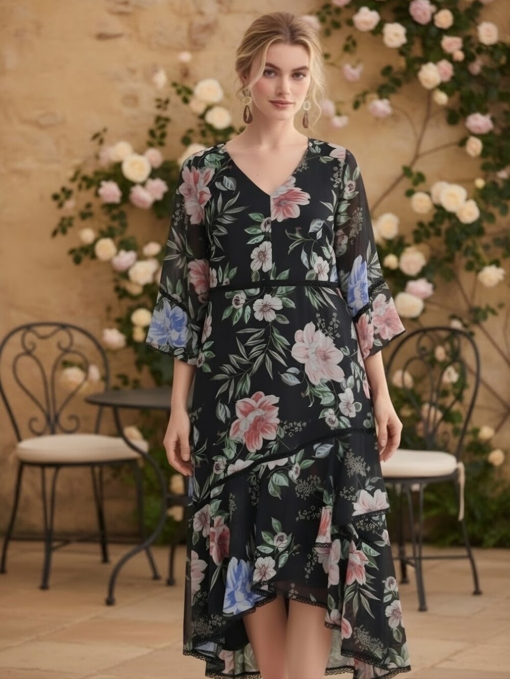 TAYLOR Floral V-Neck Balloon Sleeve Midi Dress - Black with Pink & Blue Flowers.